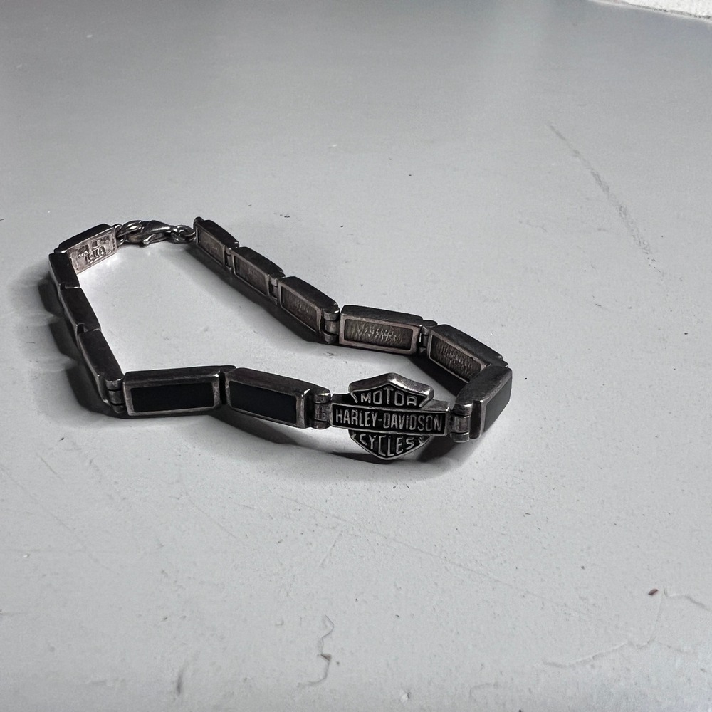 Harley-Davidson Sterling Silver 925 Bar and Shield Link Bracelet Black Inlay 7"‎